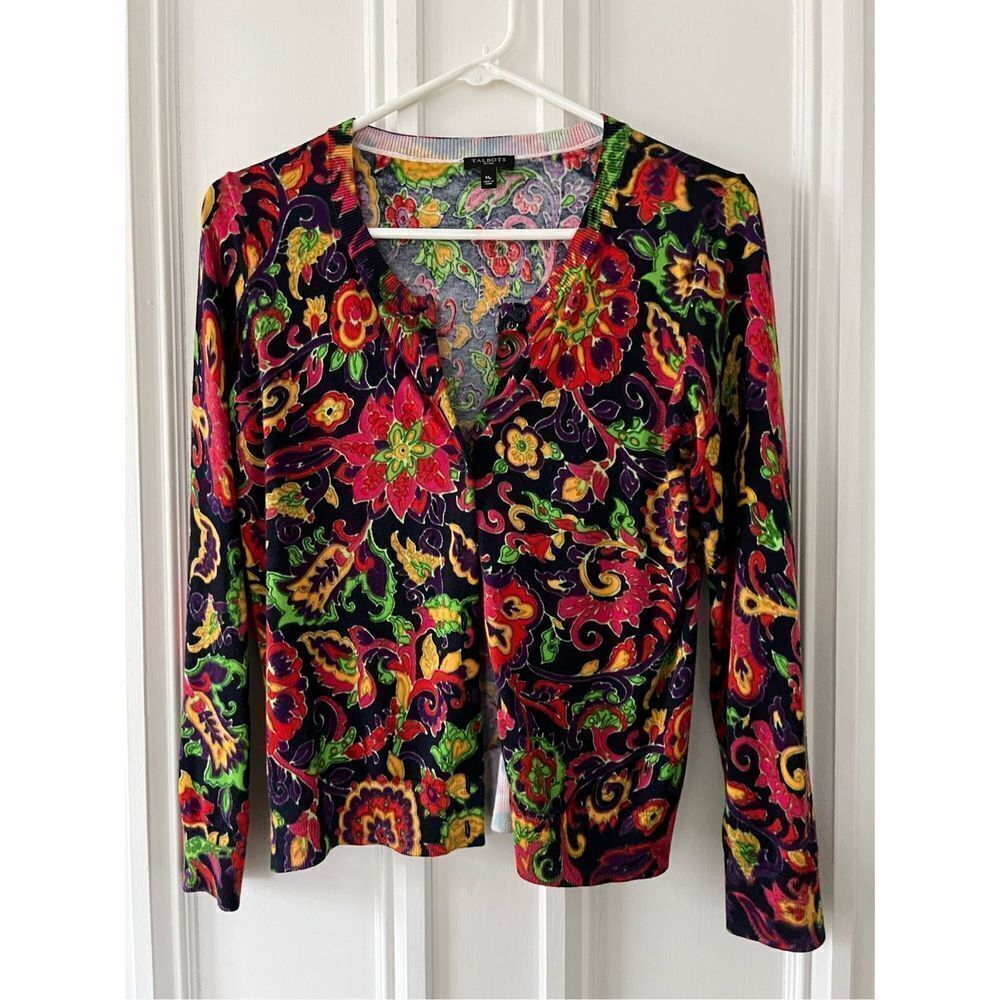 Talbots multicolor hot pink gold green black floral lightweight cardigan sweater - Picture 1 of 4